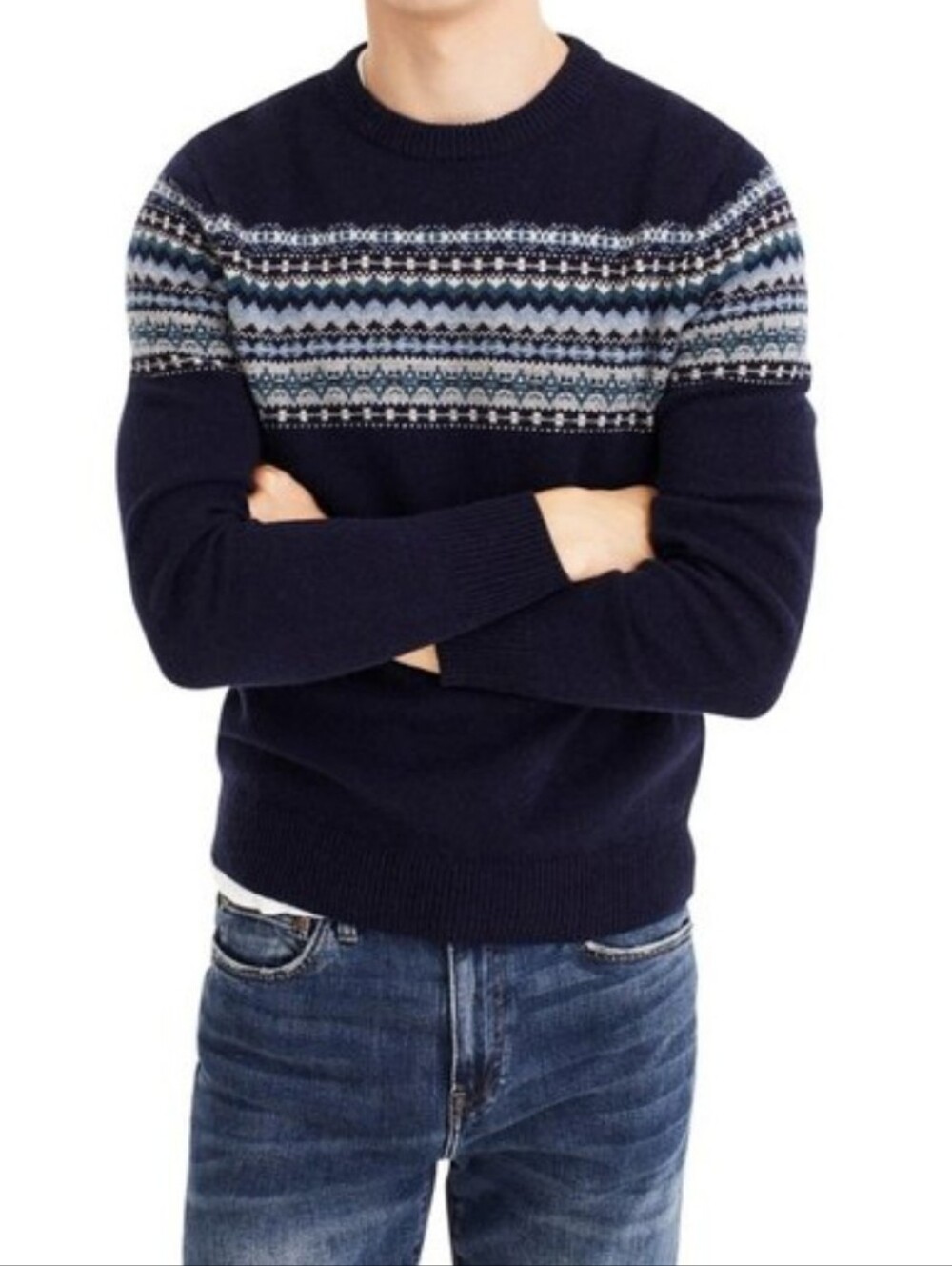 J. Crew Men's Navy Lambswool Fair Isle Crewneck Sweater Size S